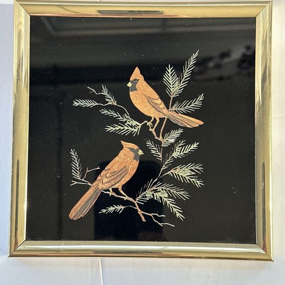 Vintage 80s framed foil art cardinals kafka industries 6.25X6.25 with frame - Picture 1 of 5